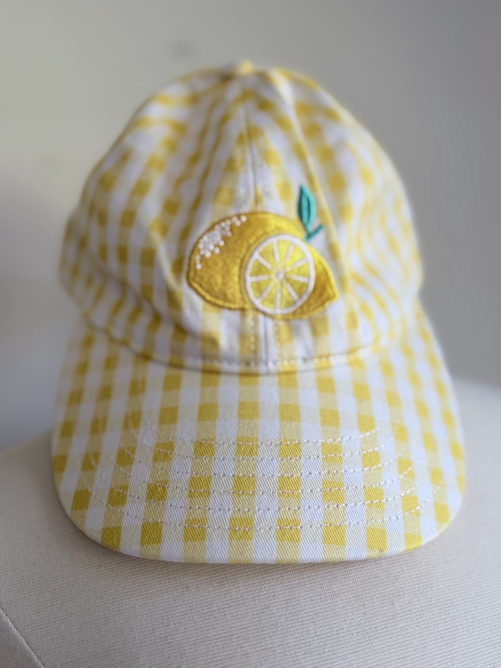 Yellow & White Gingham Baseball Cap with Embroidered Lemon Patch, Adjustable